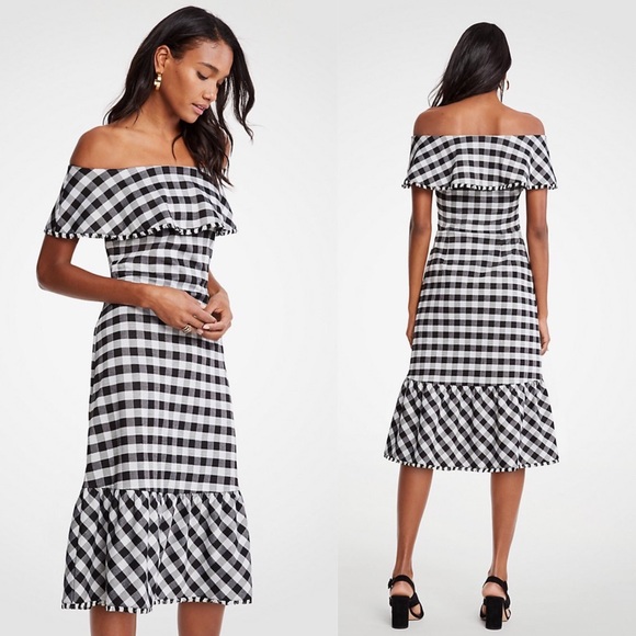 Ann Taylor Dresses & Skirts - Ann Taylor Gingham Off Shoulder Ruffle Midi Dress